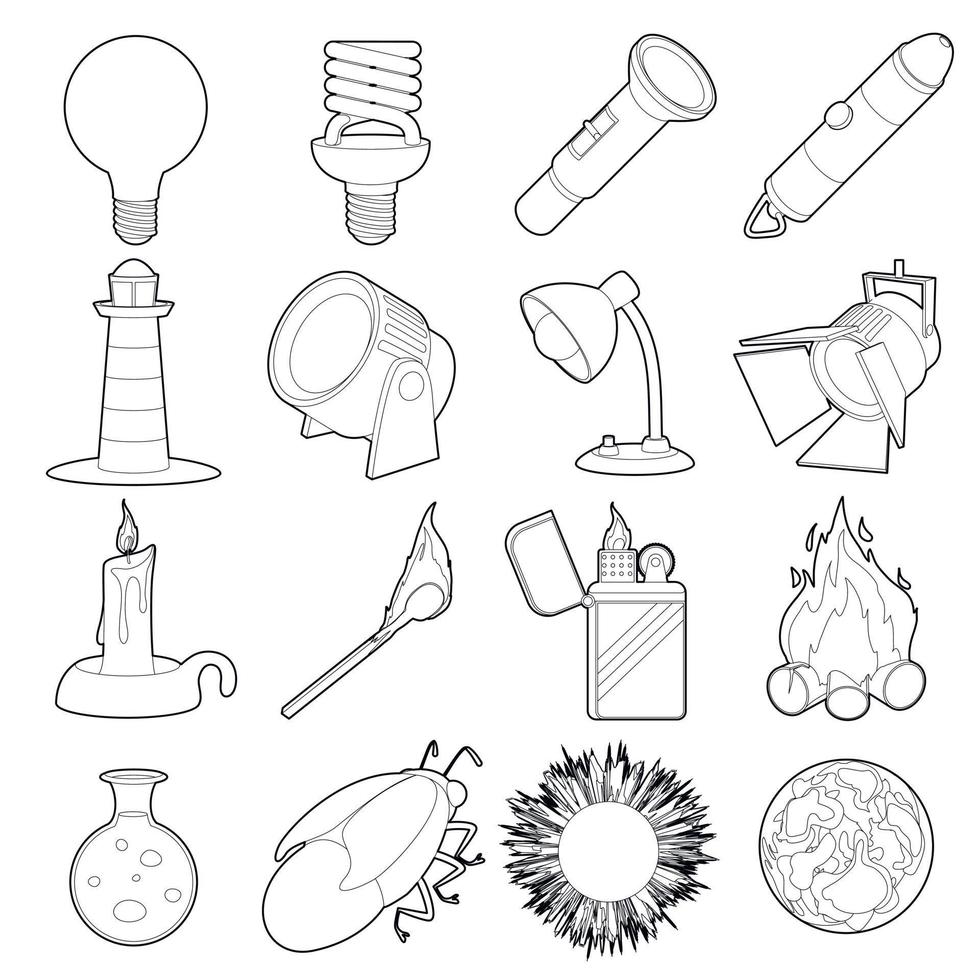 jeu d'icônes de source lumineuse, style de contour vecteur