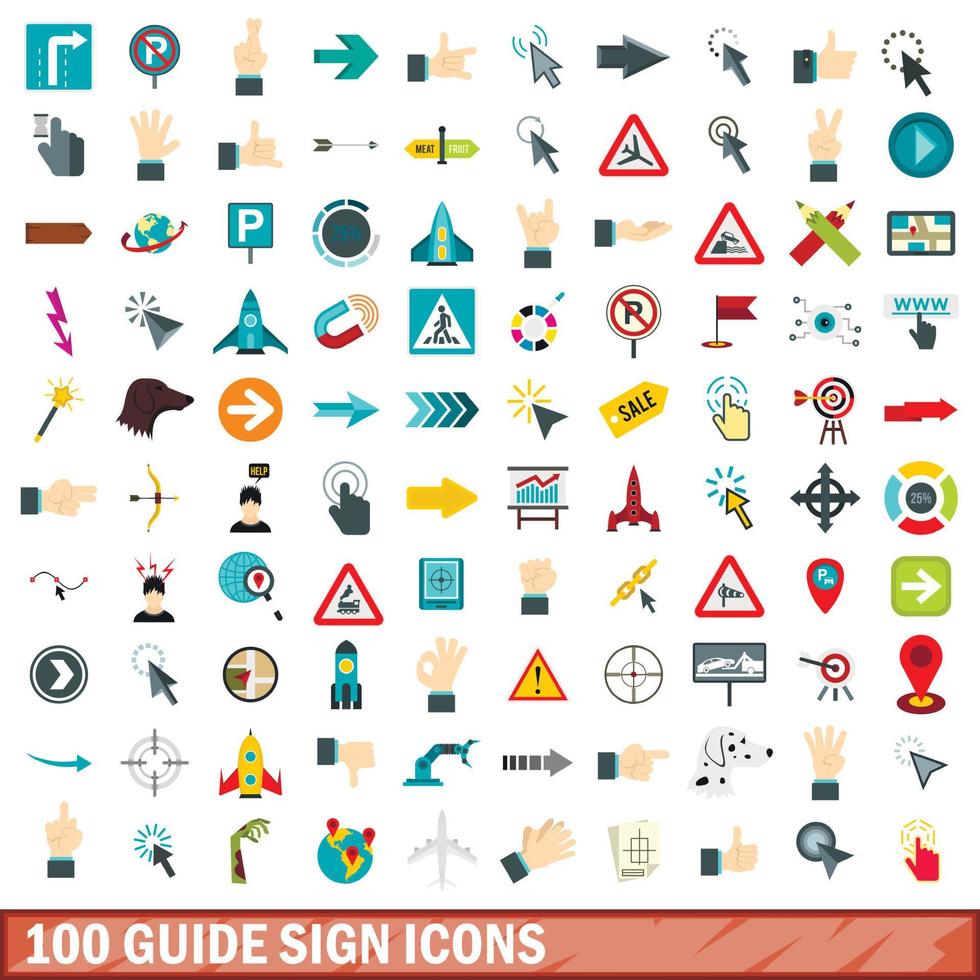 Ensemble de 100 icônes de signe de guide, style plat vecteur