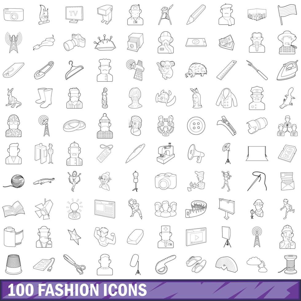 Ensemble de 100 icônes de mode, style de contour vecteur
