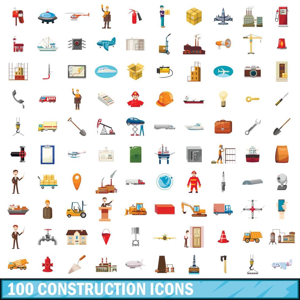 Ensemble de 100 icônes de construction, style dessin animé vecteur