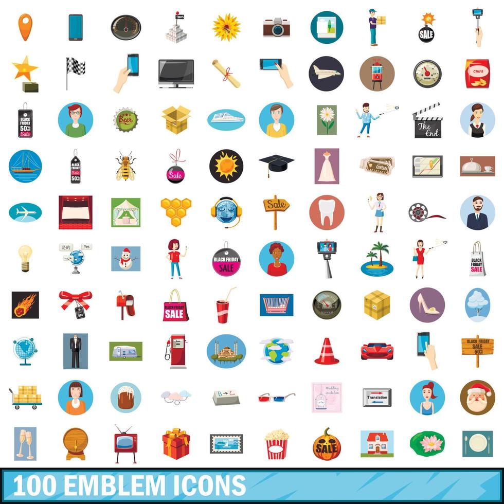 Ensemble de 100 icônes d'emblème, style cartoon vecteur