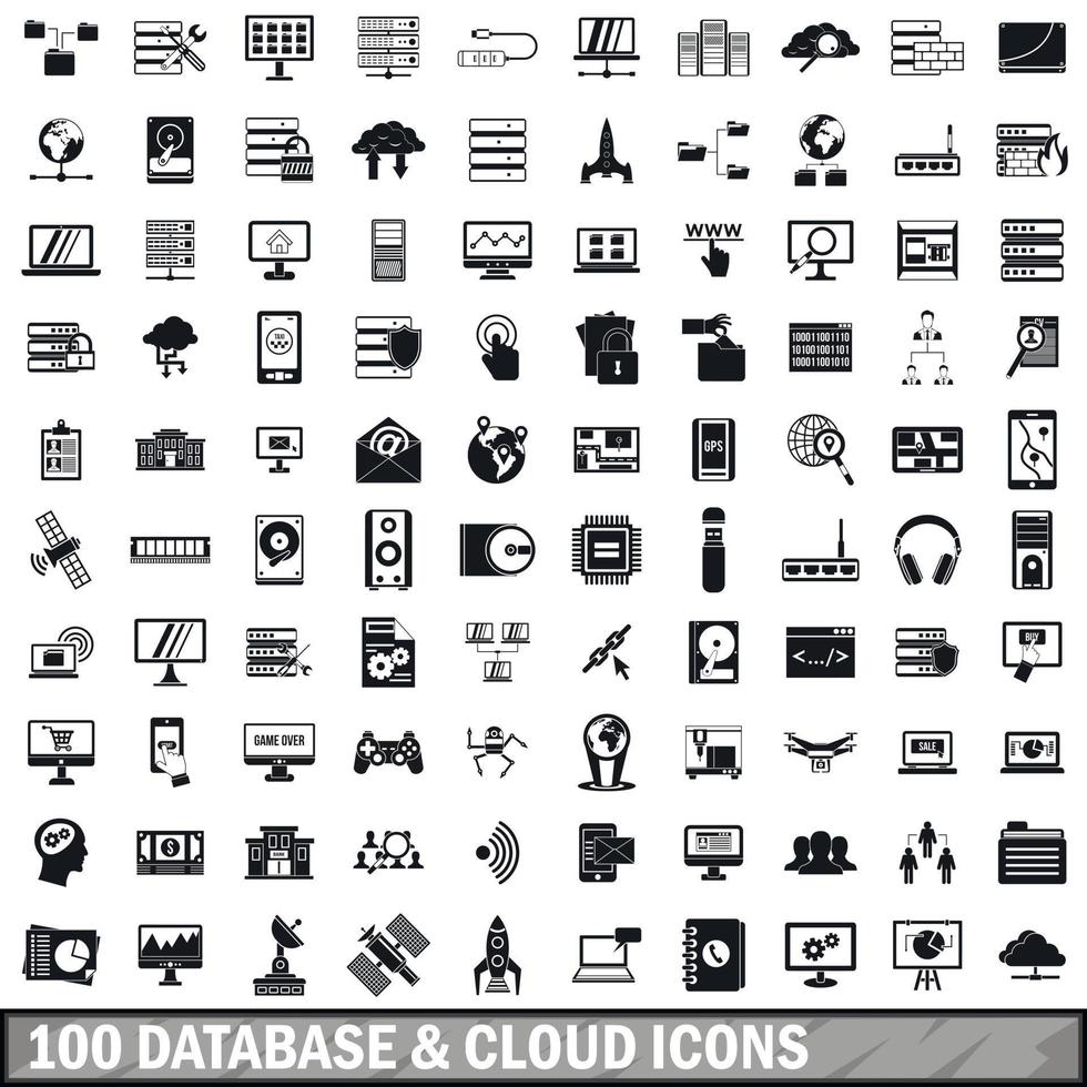 Ensemble de 100 icônes de base de données et de cloud, style simple vecteur