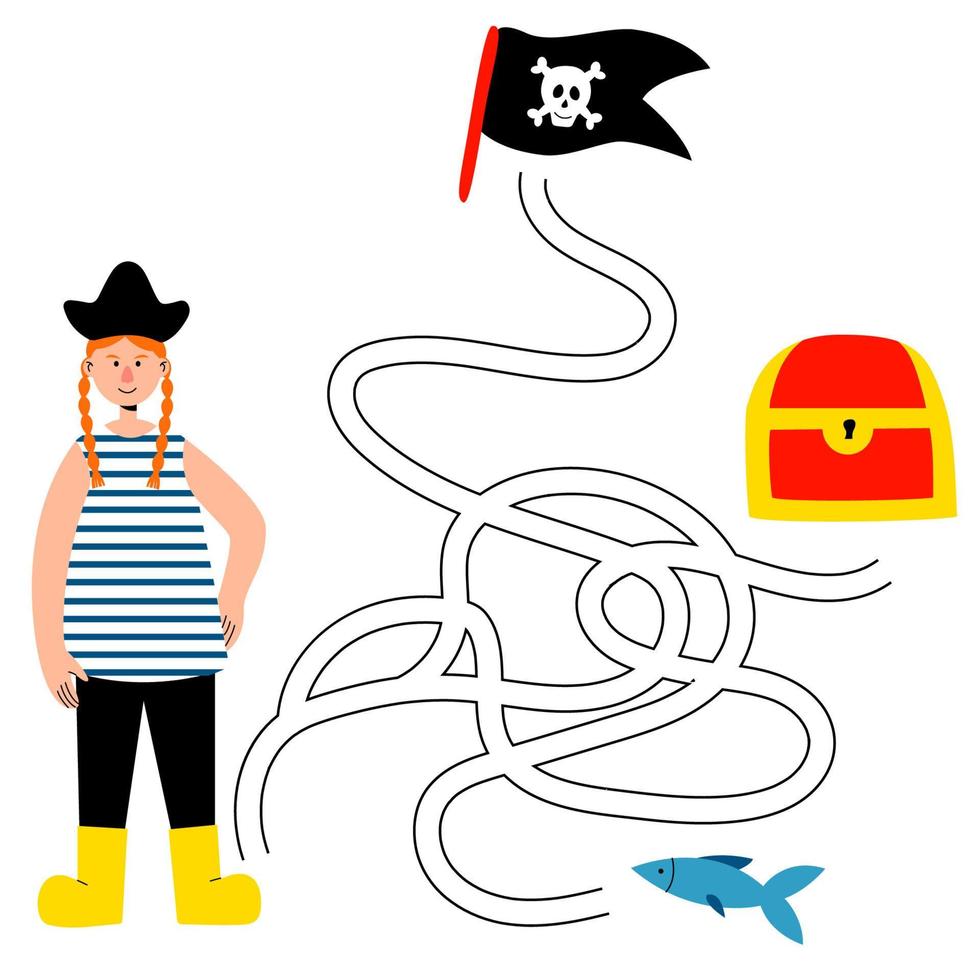 jeu de labyrinthe pour les enfants. la jolie fille pirate cherche un moyen d'accéder à un coffre au trésor, un drapeau avec un crâne et un poisson. jeu éducatif pour enfants. illustration de dessin animé de vecteur. vecteur