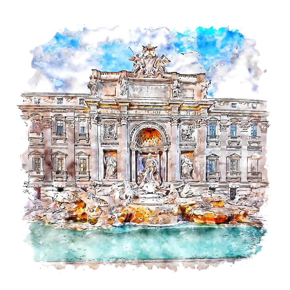 fontana di trevi roma croquis aquarelle illustration dessinée à la main vecteur