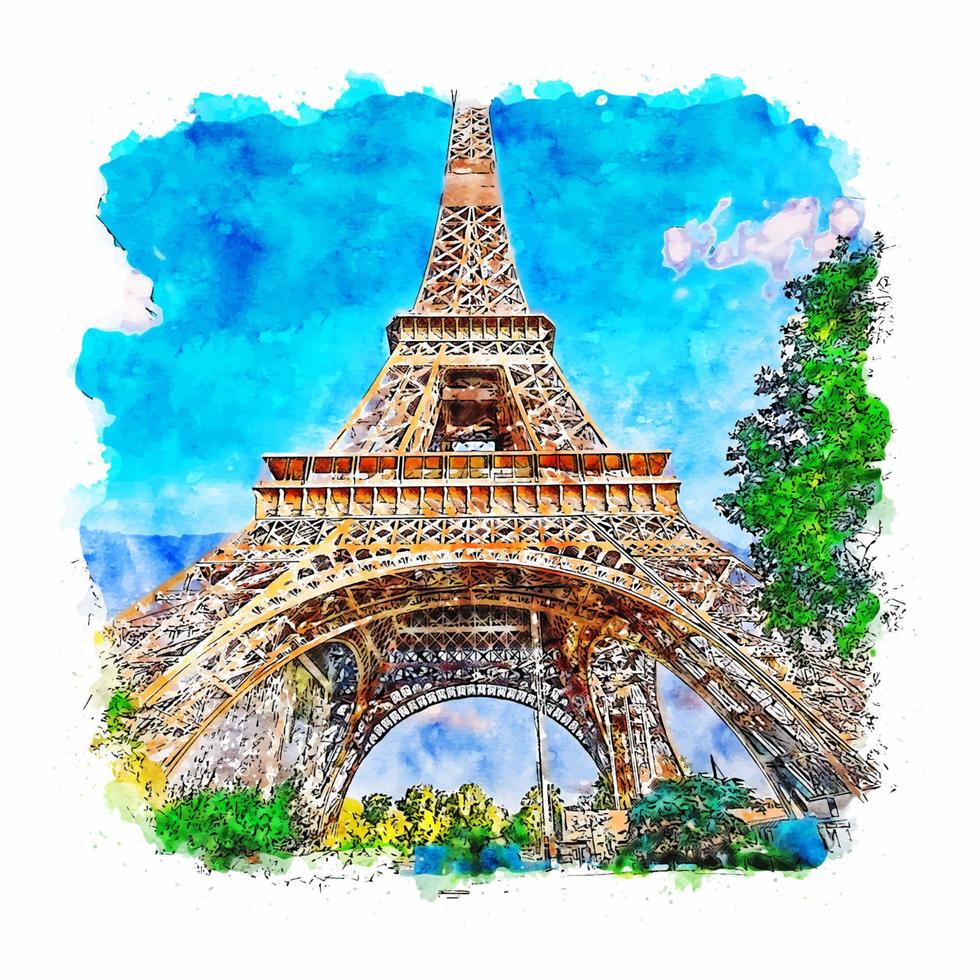 tour eiffel paris aquarelle croquis illustration dessinée à la main vecteur