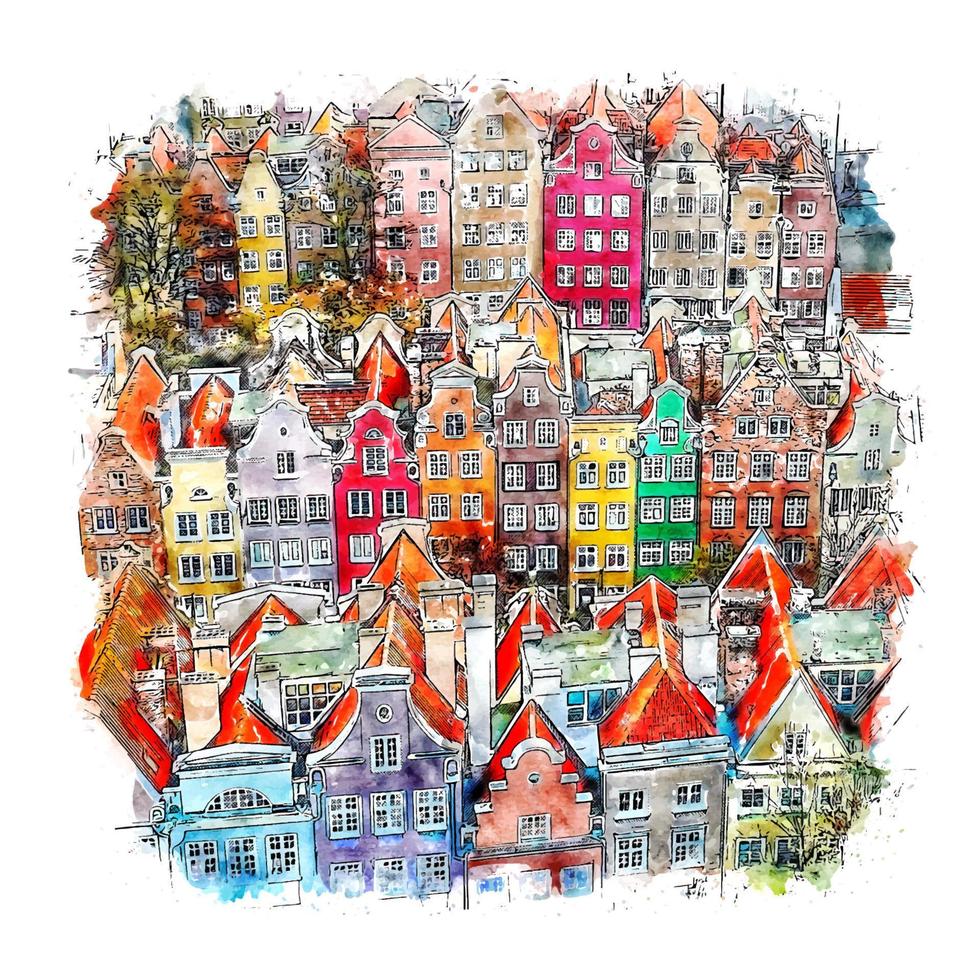 gdansk pologne croquis aquarelle illustration dessinée à la main vecteur