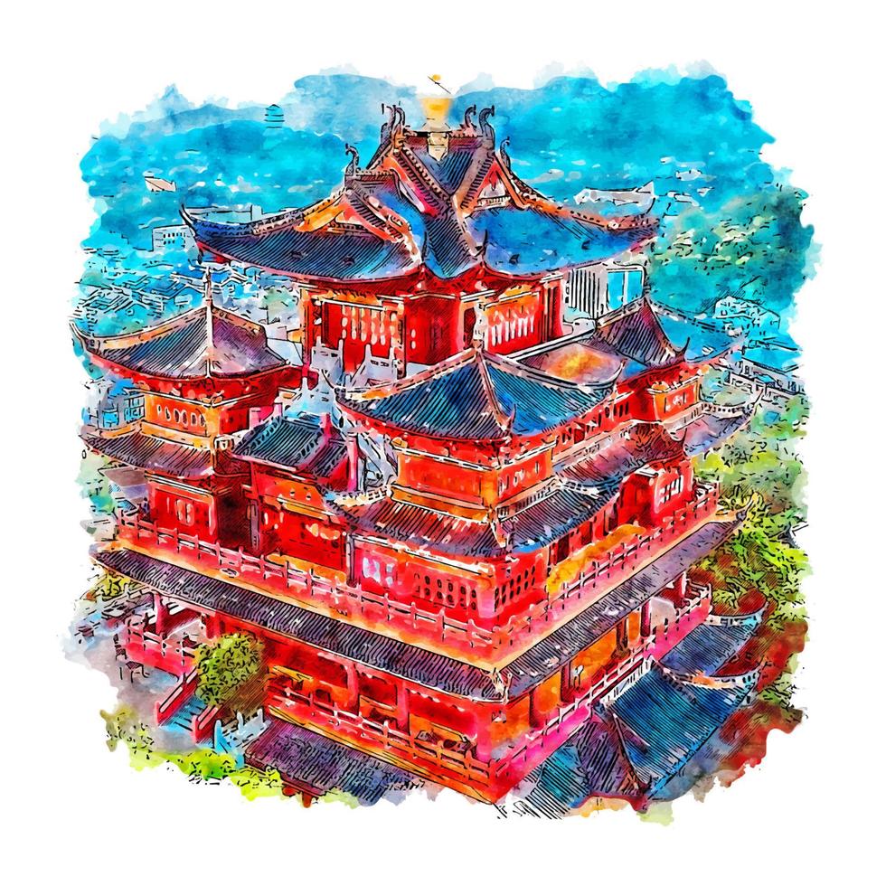 hangzhou chine croquis aquarelle illustration dessinée à la main vecteur