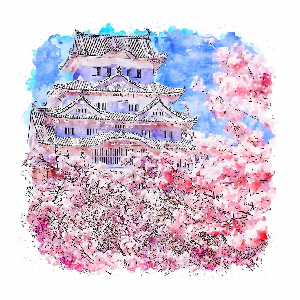 château de himeiji japon croquis aquarelle illustration dessinée à la main vecteur