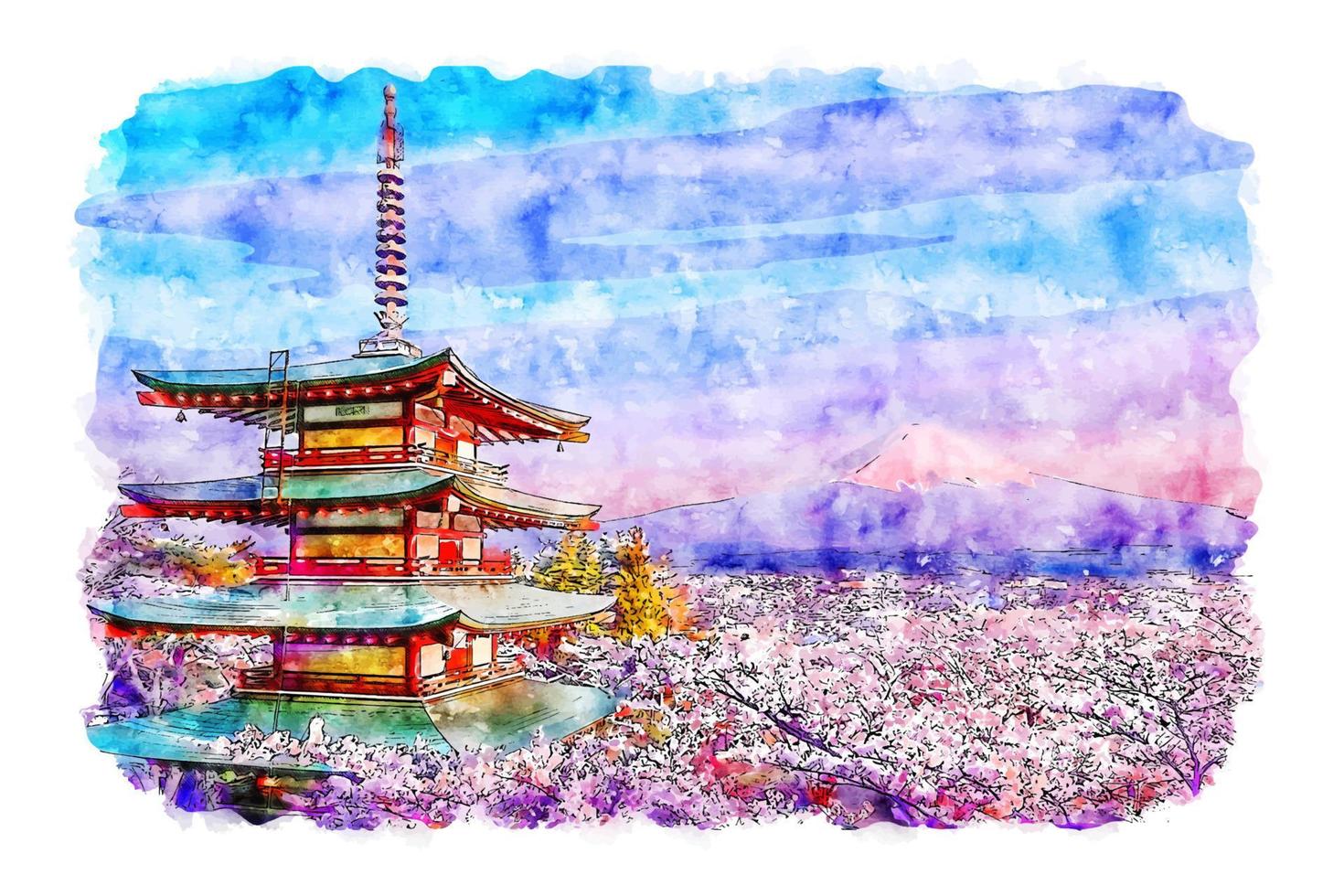 paysage pagode chureito japon croquis aquarelle illustration dessinée à la main vecteur