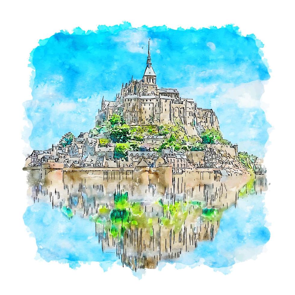 mont saint michel france croquis aquarelle illustration dessinée à la main vecteur