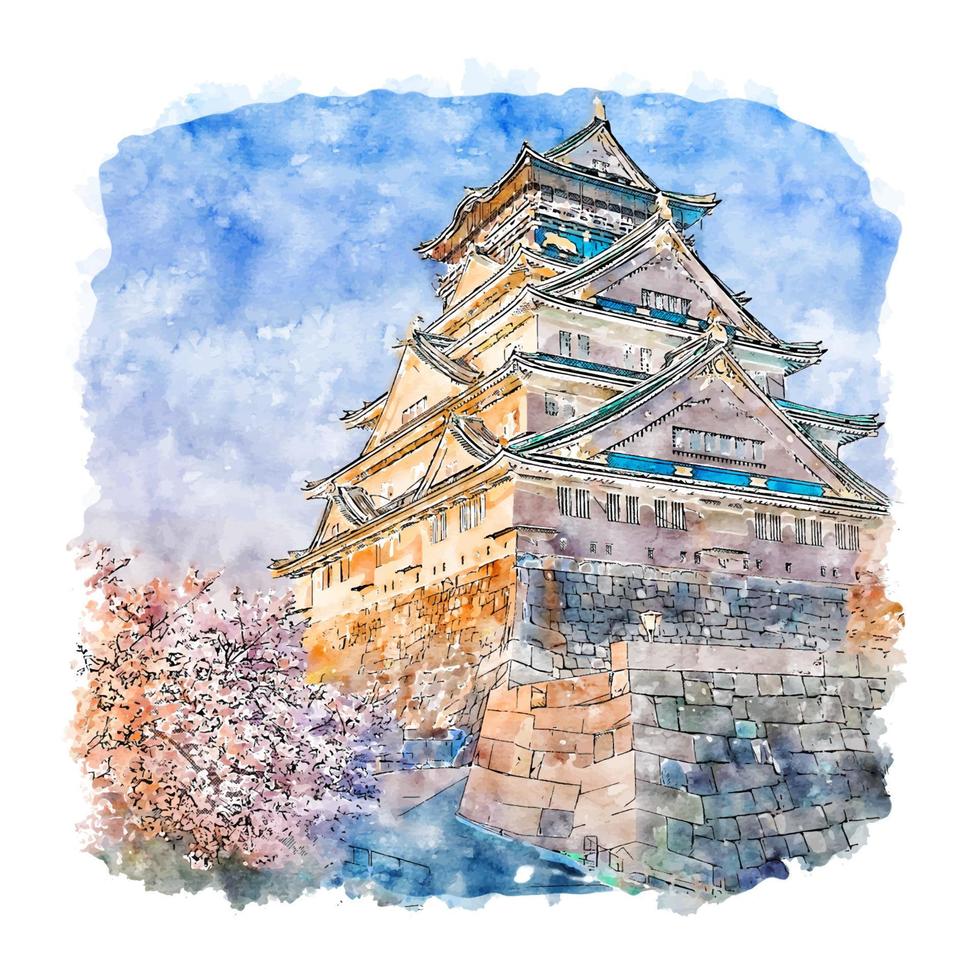 château d'osaka japon croquis aquarelle illustration dessinée à la main vecteur