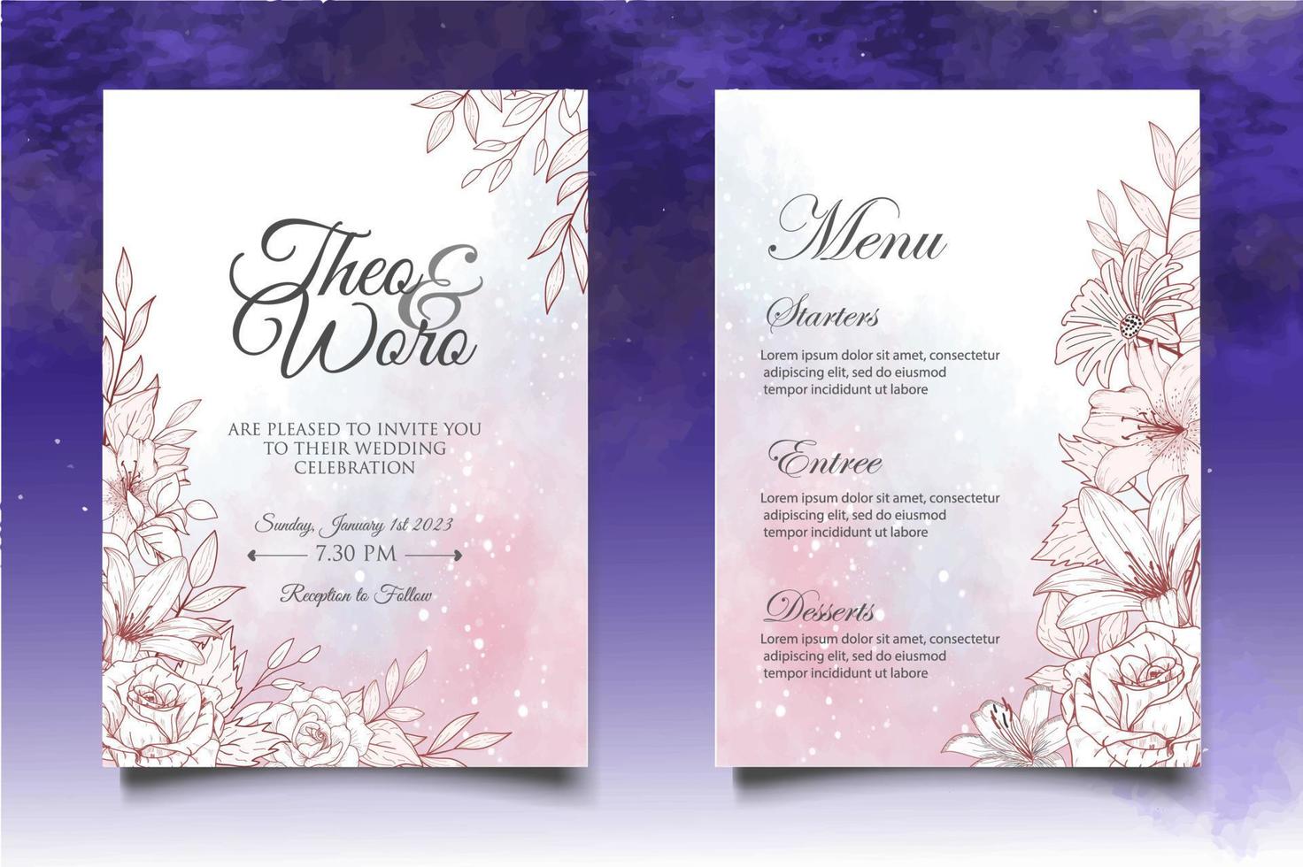 élégant jeu de cartes d'invitation de mariage floral vintage vecteur
