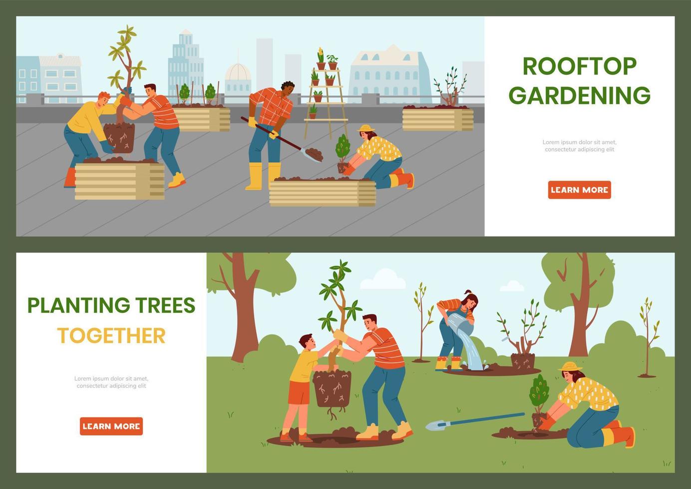 jardinage en ville et dans les bannières vectorielles de la campagne. adultes et enfants plantant des arbres, creusant et arrosant sur le toit et à l'extérieur. vecteur