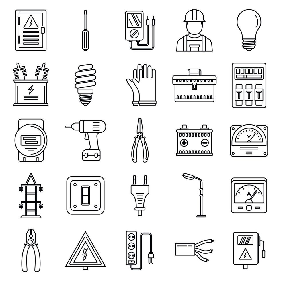 jeu d'icônes de service d'électricien de sécurité, style de contour vecteur