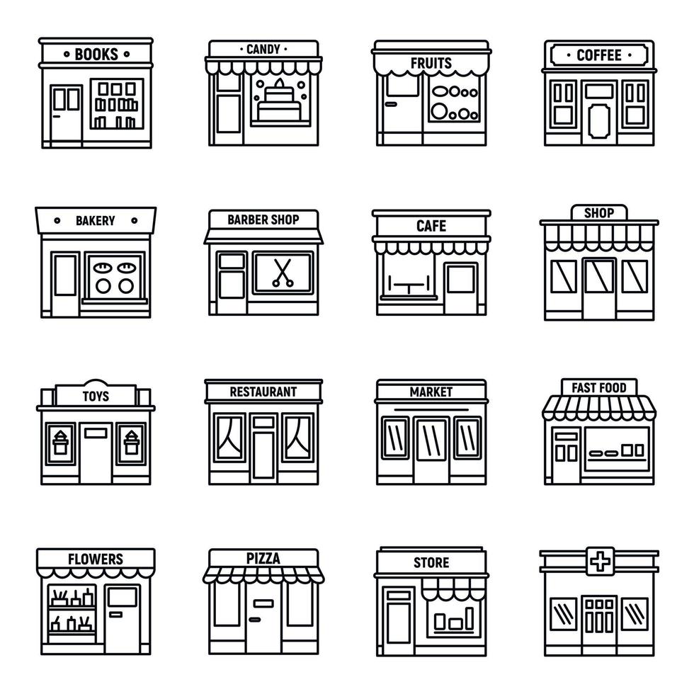 jeu d'icônes de magasin d'affaires local, style de contour vecteur