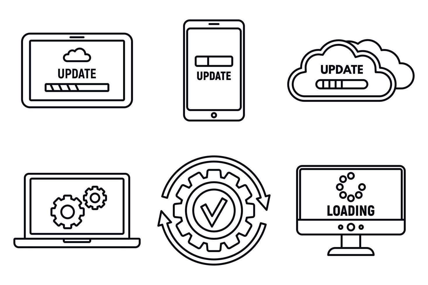 jeu d'icônes de mise à jour du système informatique, style de contour vecteur