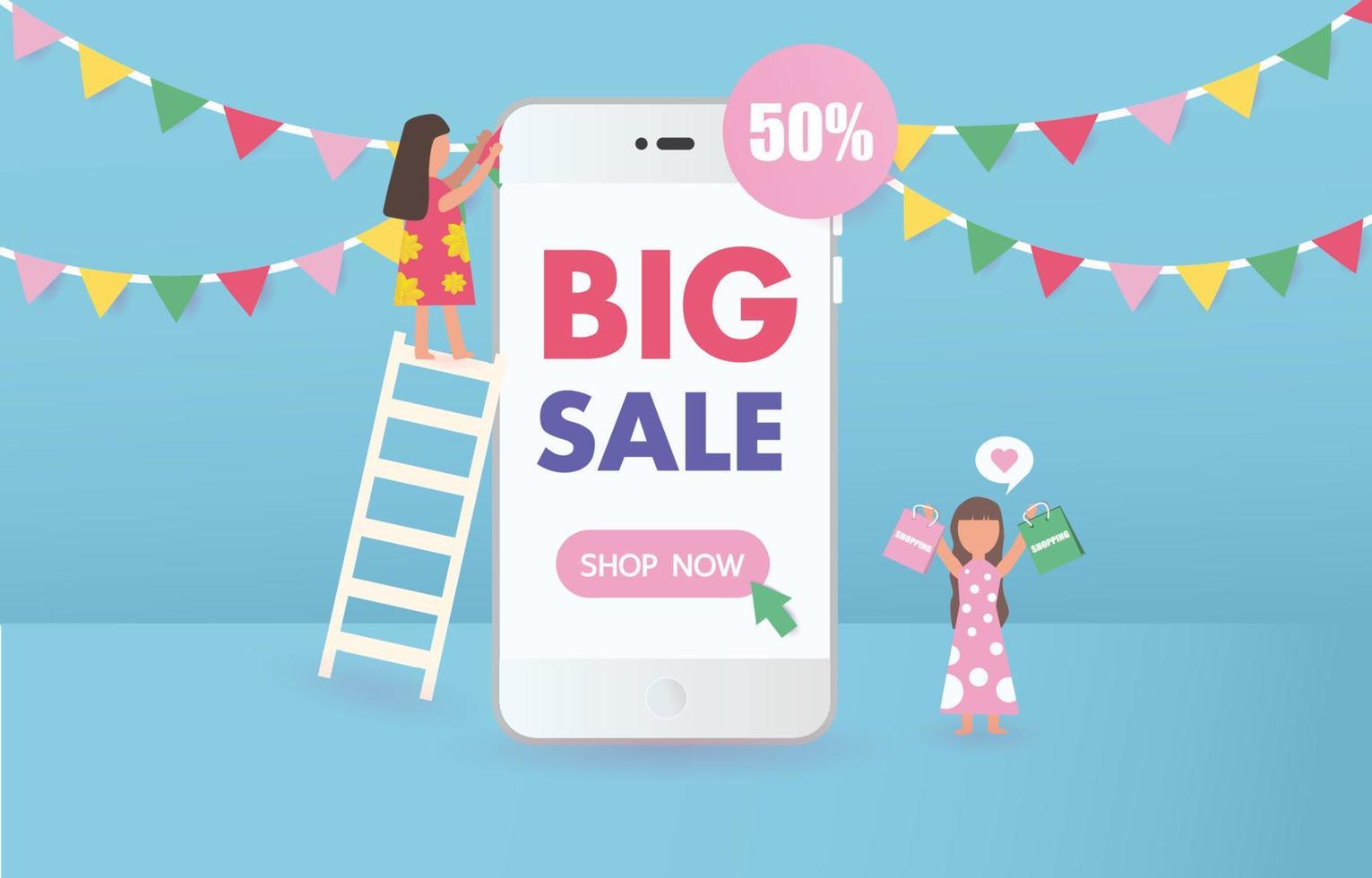 grande vente sur téléphone mobile pour la vente en ligne. deux filles joyeuses personnes décorant des drapeaux de célébration. conception pour la vente de bannières ou d'affiches de site Web. offre spéciale bannière de vente finale, jusqu'à 50 % de réduction. vecteur