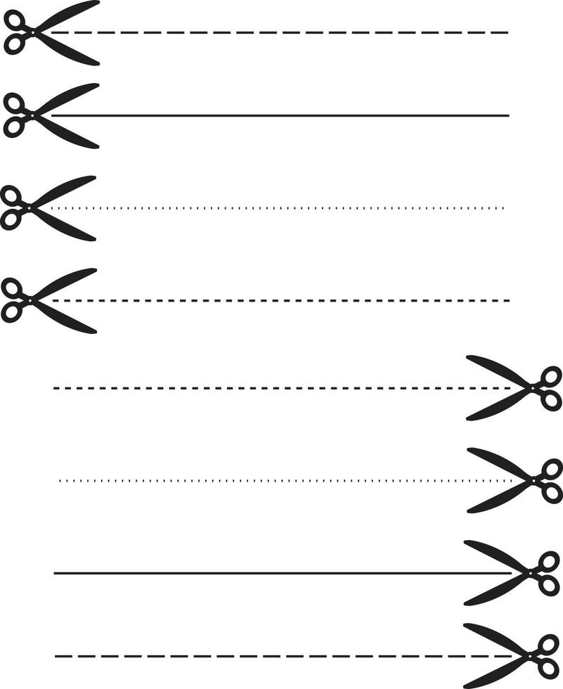 ciseaux avec ligne pointillée. définir le symbole du papier de coupe des ciseaux. signe de lignes de coupe de ciseaux. vecteur