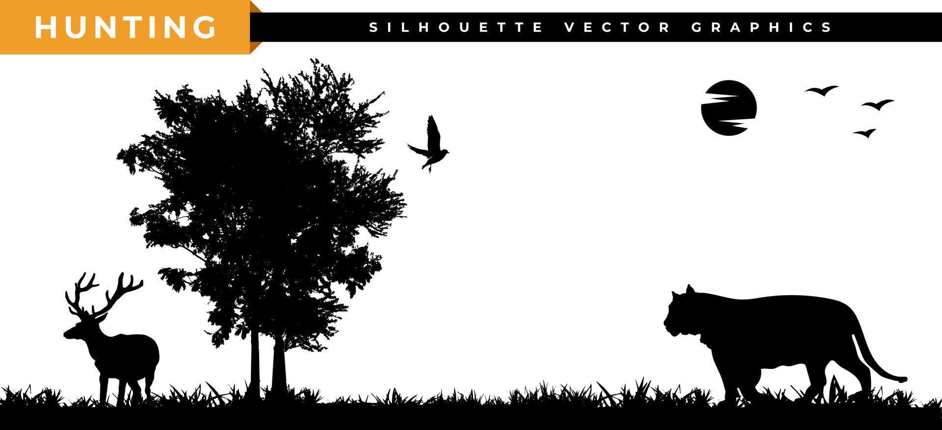 paysage d'illustration vectorielle de cerf de chasse au tigre. forêt, silhouette de chasse aux animaux sauvages. vecteur