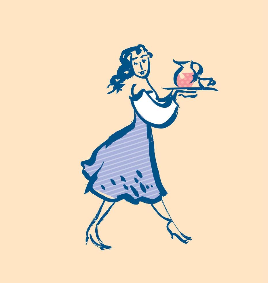illustration vectorielle de croquis de serveuse française sur couleur pastel. fille avec plat et boissons vecteur