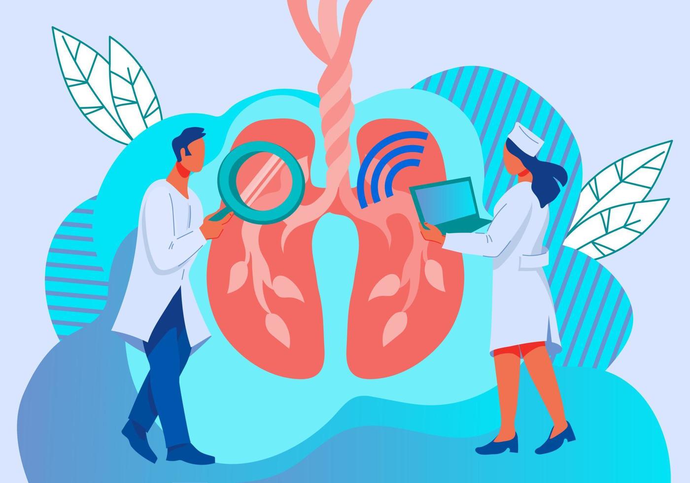 bannière de vérification pulmonaire et d'examen de santé pulmonaire. les médecins examinent le système respiratoire humain. assistance médicale et assurance, concept de soins de santé. illustration vectorielle plane. vecteur