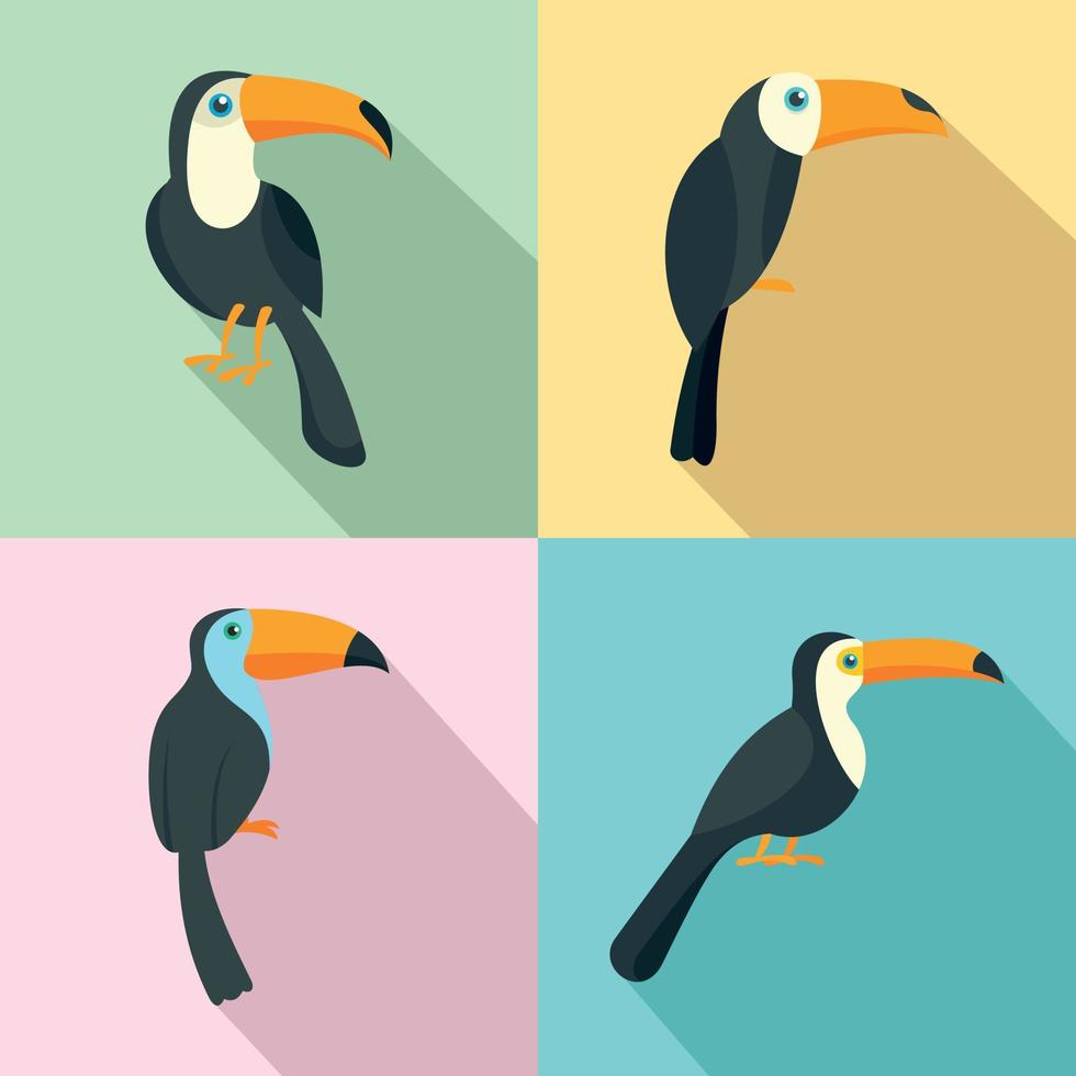 ensemble d'icônes d'oiseau perroquet toucan, style plat vecteur