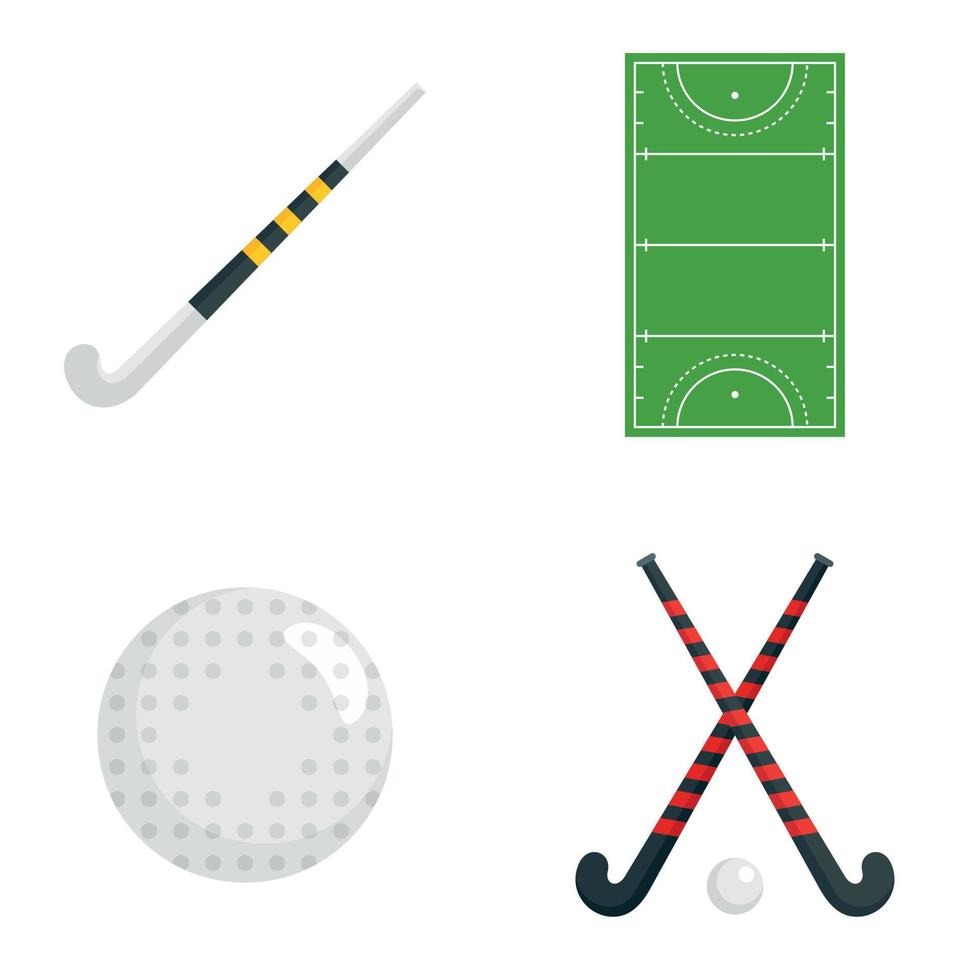 jeu d'icônes de hockey sur gazon, style plat vecteur