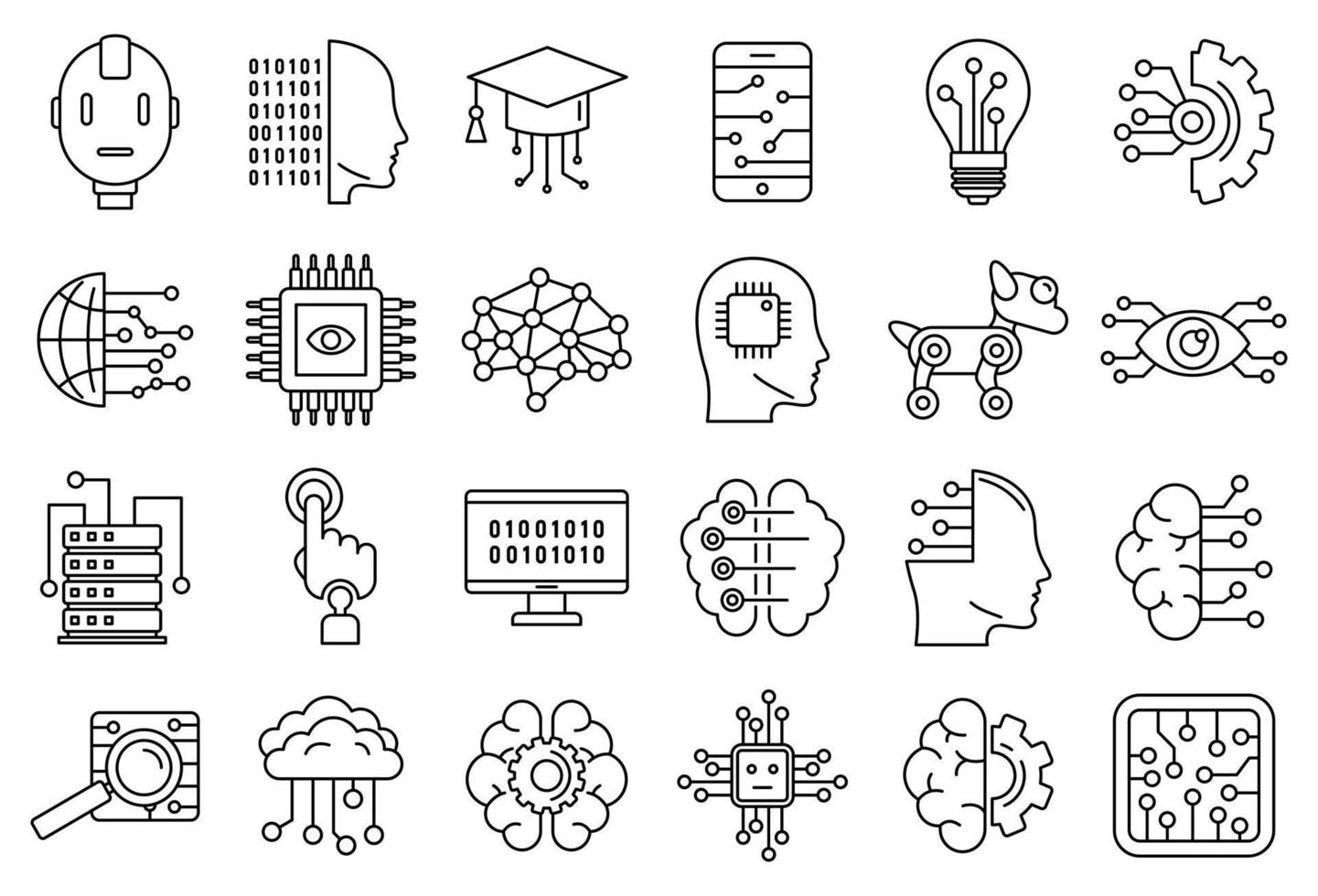 jeu d'icônes de système d'intelligence artificielle, style de contour vecteur