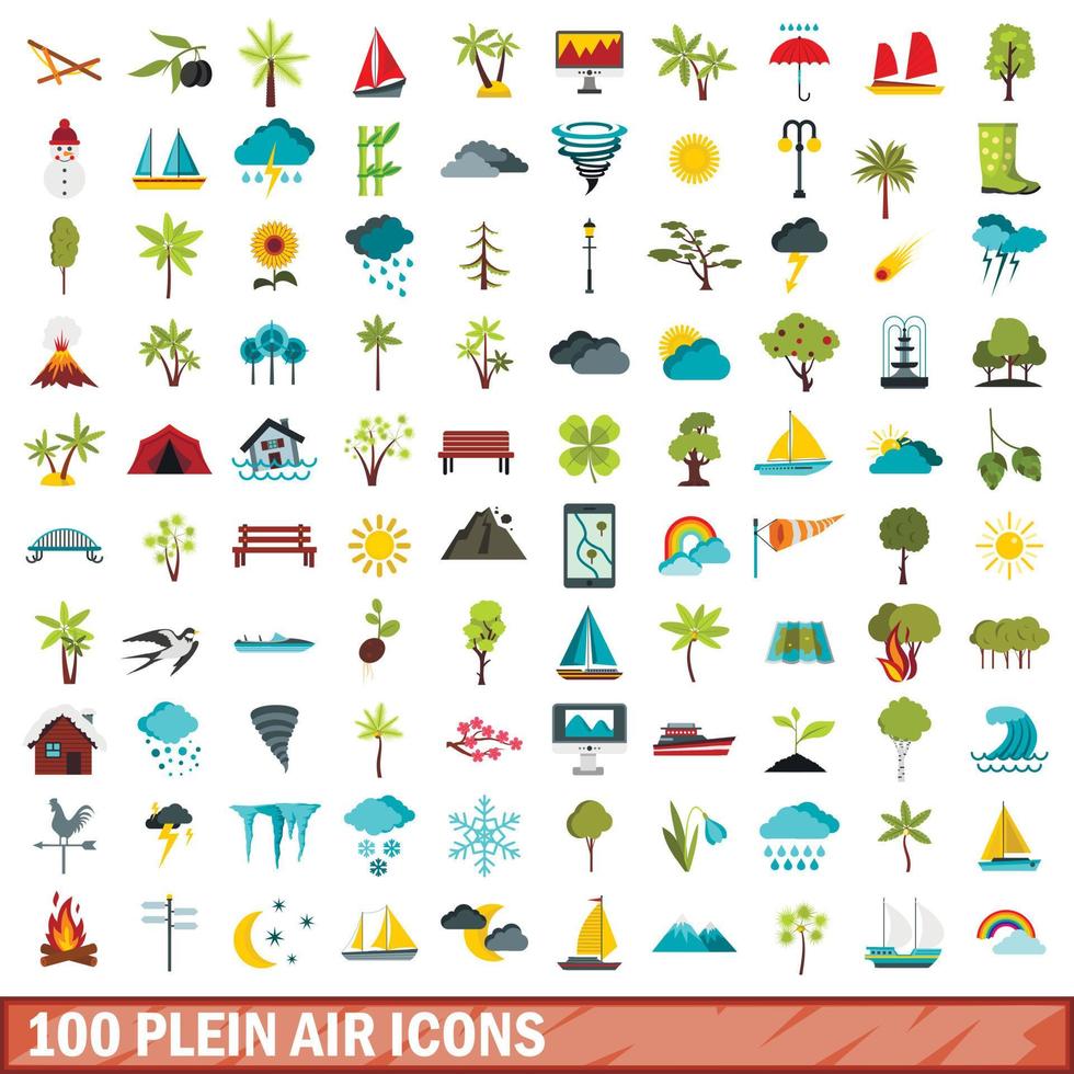 Ensemble de 100 icônes de plein air, style plat vecteur