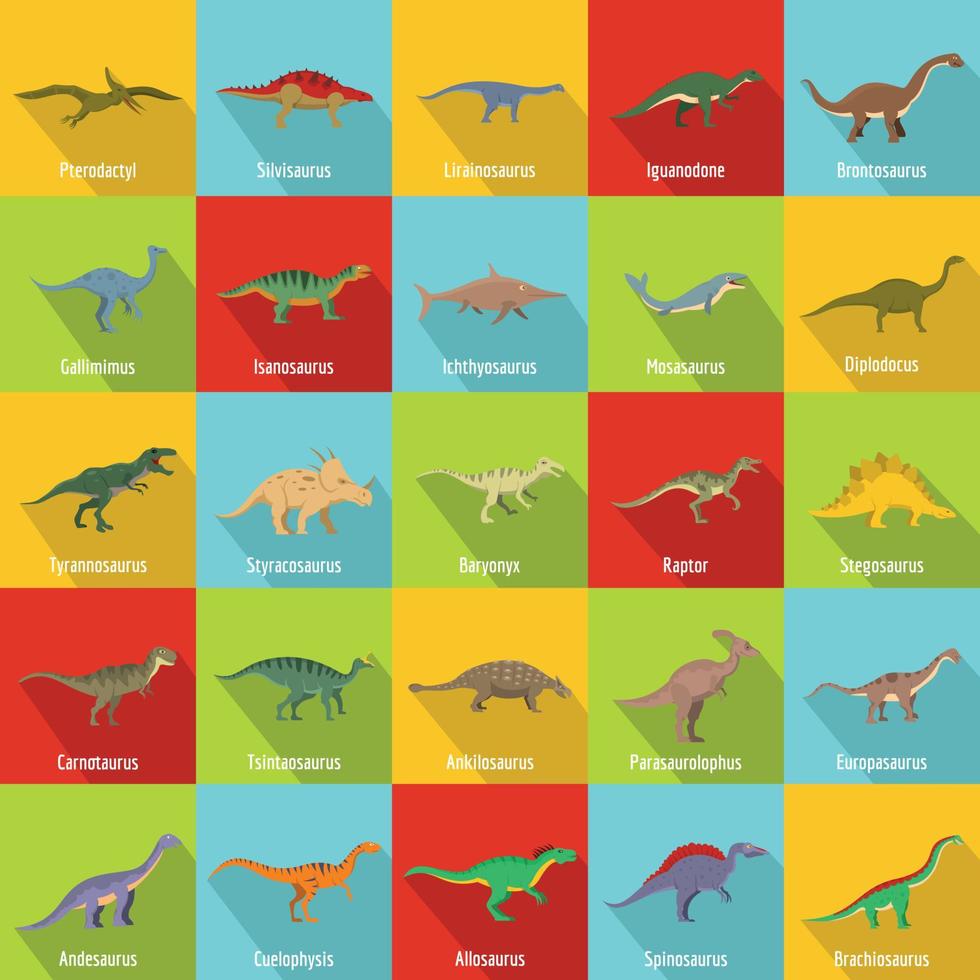 types de dinosaures ensemble d'icônes de nom signé, style plat vecteur