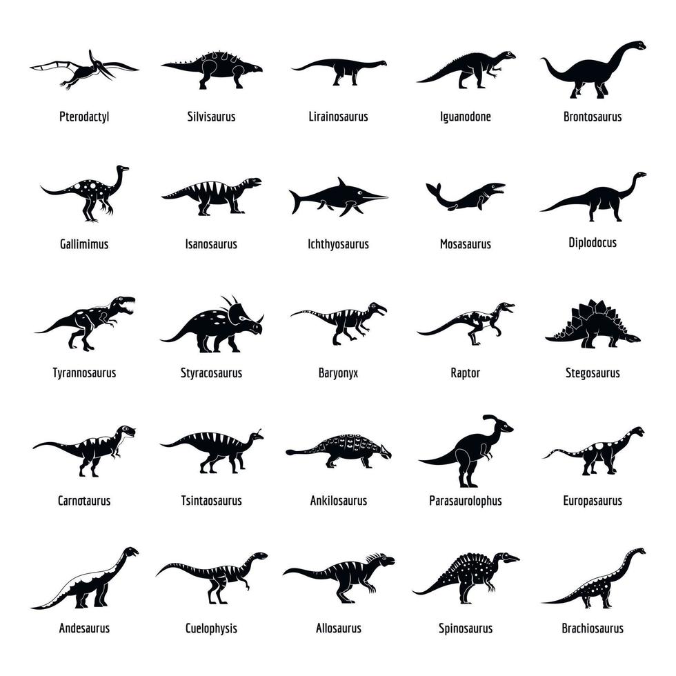 types de dinosaures ensemble d'icônes de nom signé, style simple vecteur