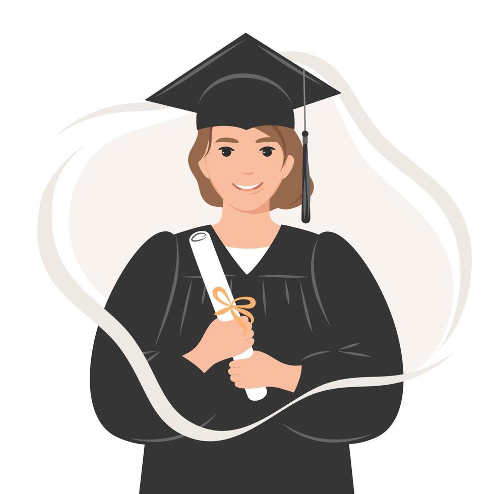 heureux étudiant diplômé avec un diplôme, vêtu d'une robe et d'une casquette académique carrée. une jeune femme diplômée de ses études. illustration vectorielle plane sur fond blanc. vecteur