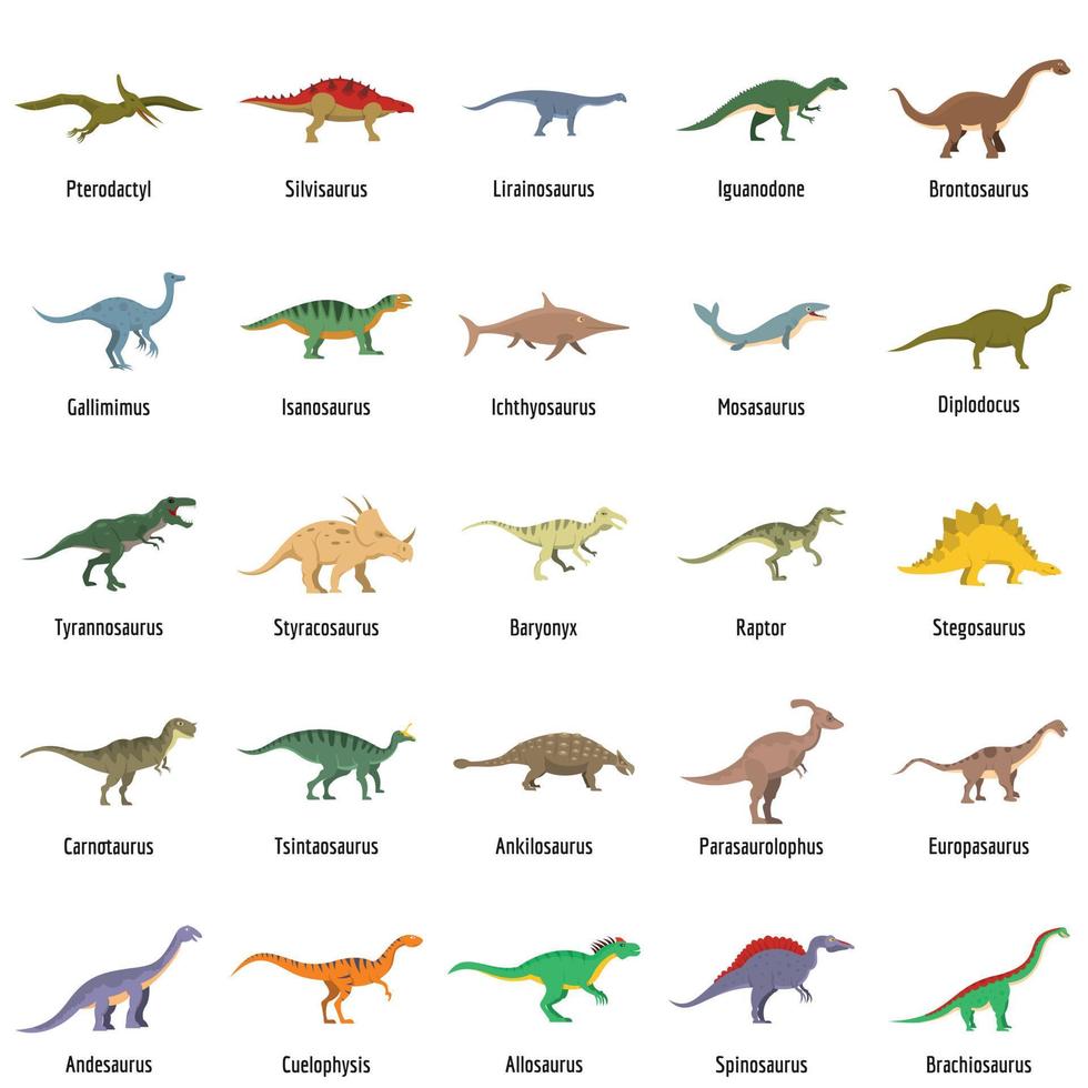 types de dinosaures icônes de nom signé ensemble vecteur isolé