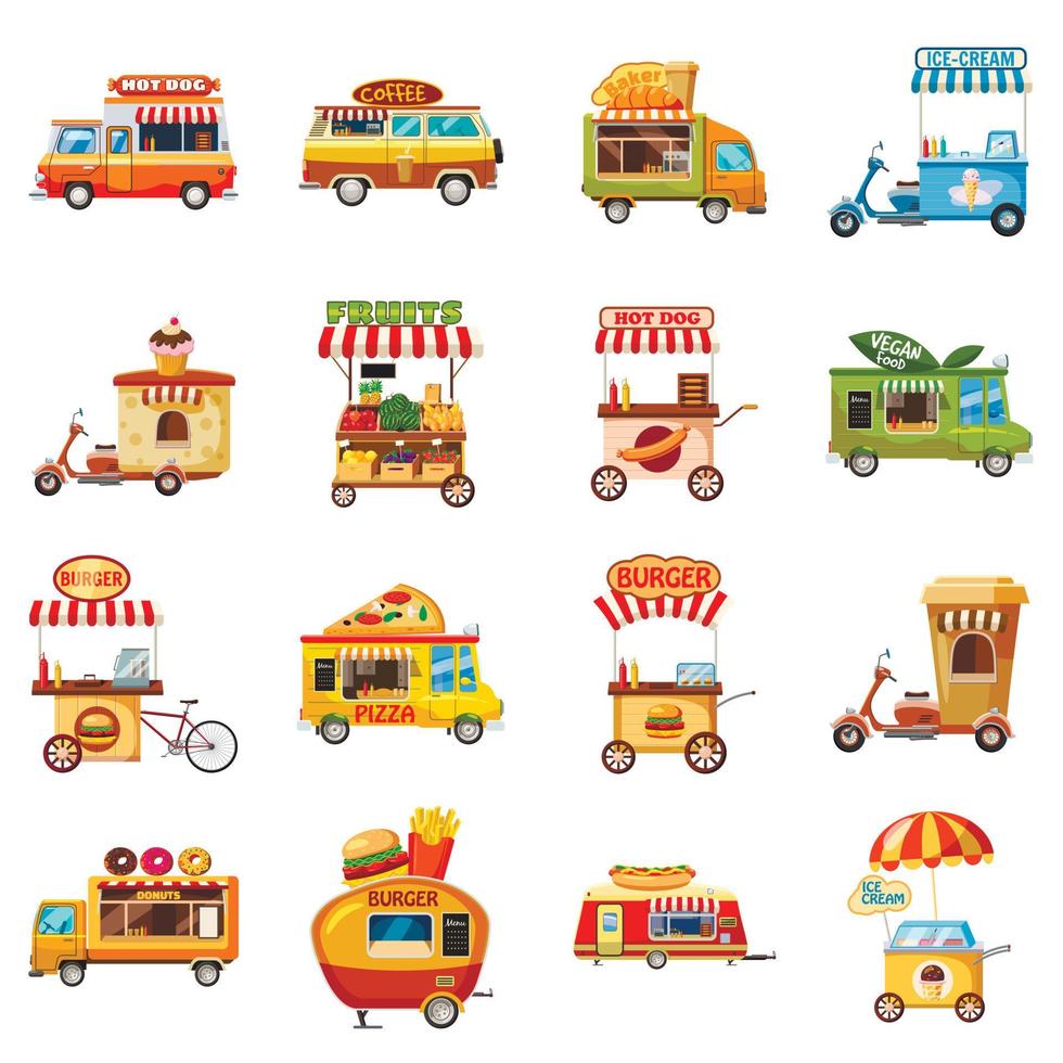 jeu d'icônes de kiosque de nourriture de rue, style dessin animé vecteur
