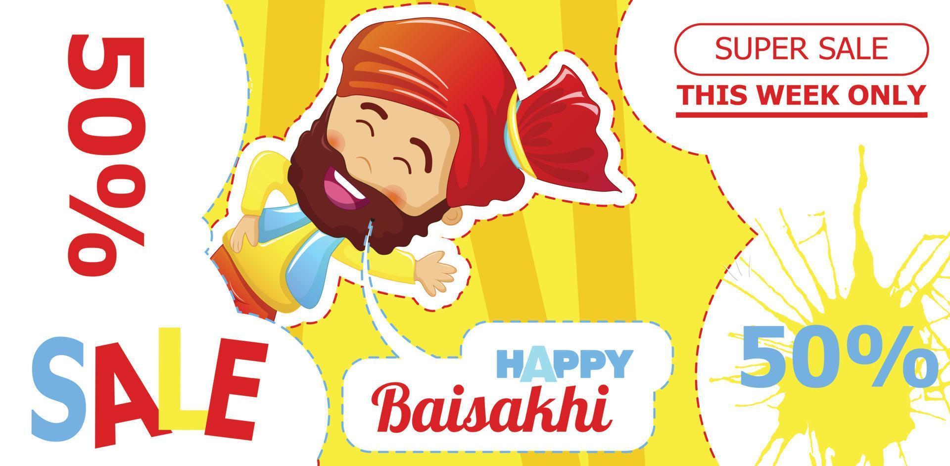 bannière de concept de vente baisakhi heureux, style cartoon vecteur