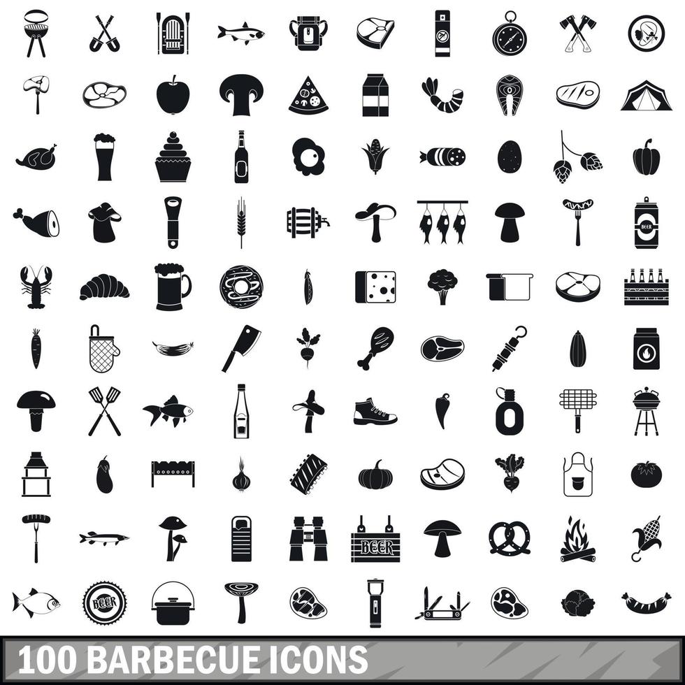 Ensemble de 100 icônes de barbecue, style simple vecteur