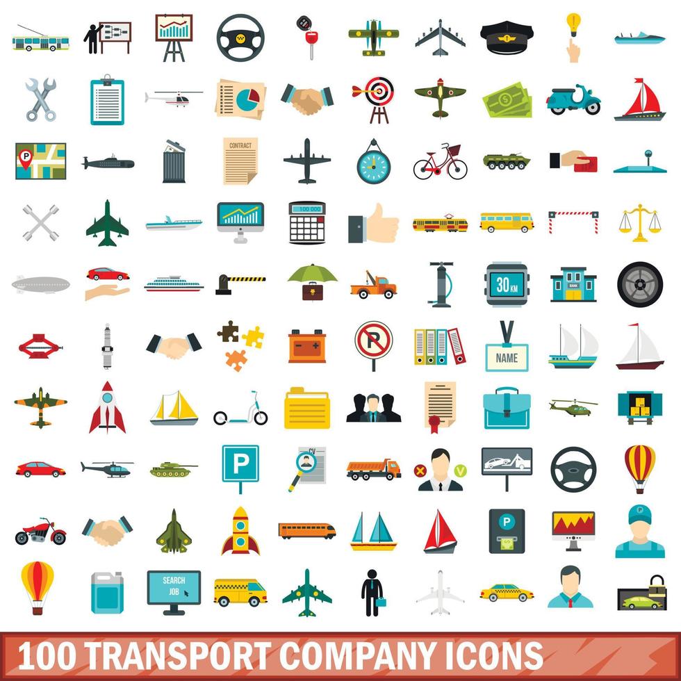 Ensemble de 100 icônes de compagnie de transport, style plat vecteur