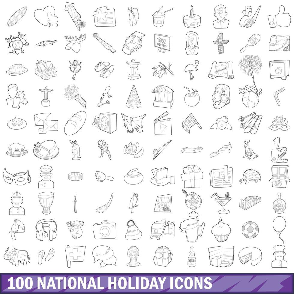 Ensemble de 100 icônes de fête nationale, style de contour vecteur