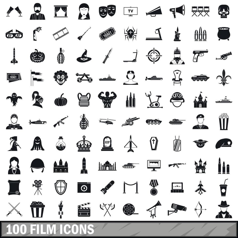 Ensemble de 100 icônes de film, style simple vecteur