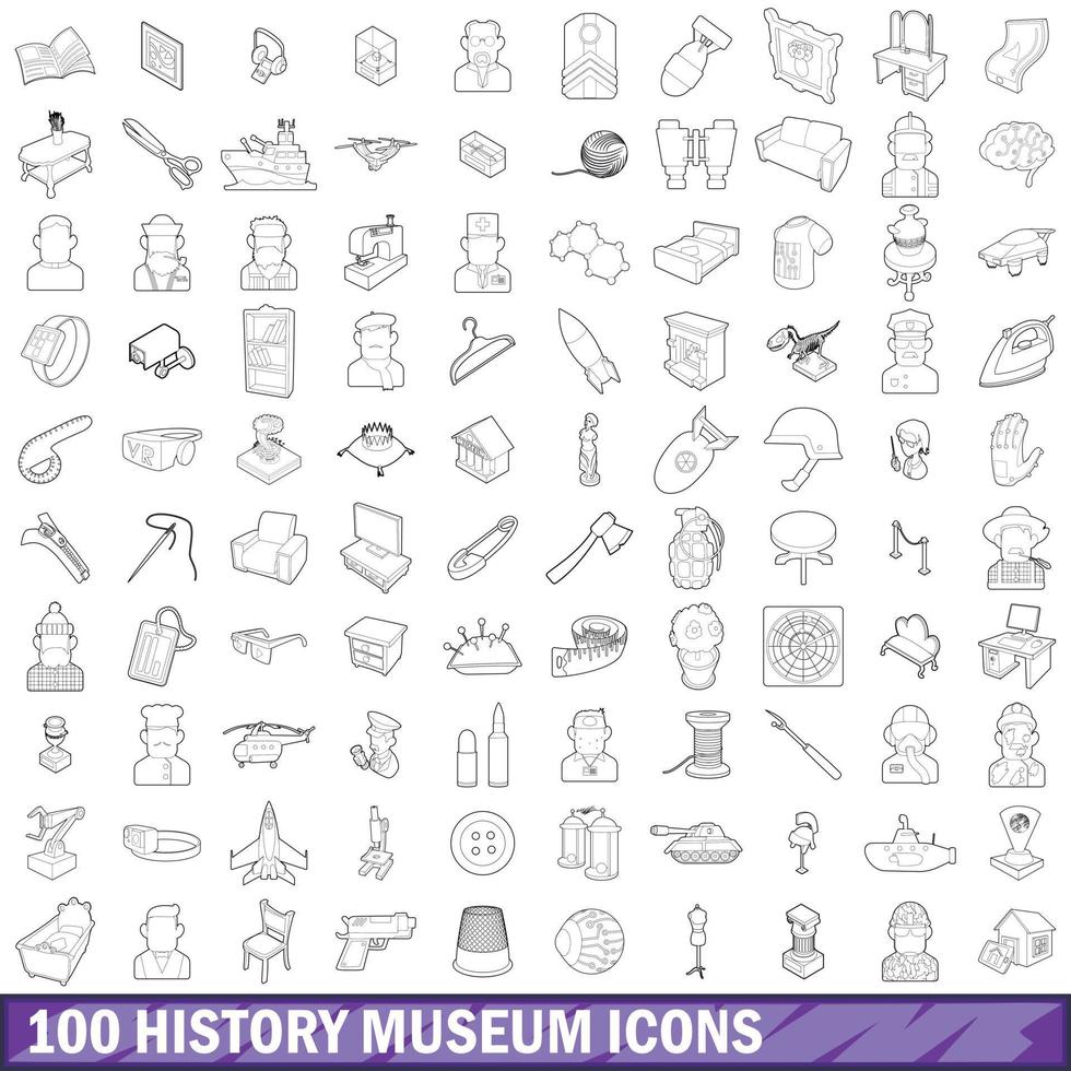 Ensemble de 100 icônes de musée d'histoire, style de contour vecteur