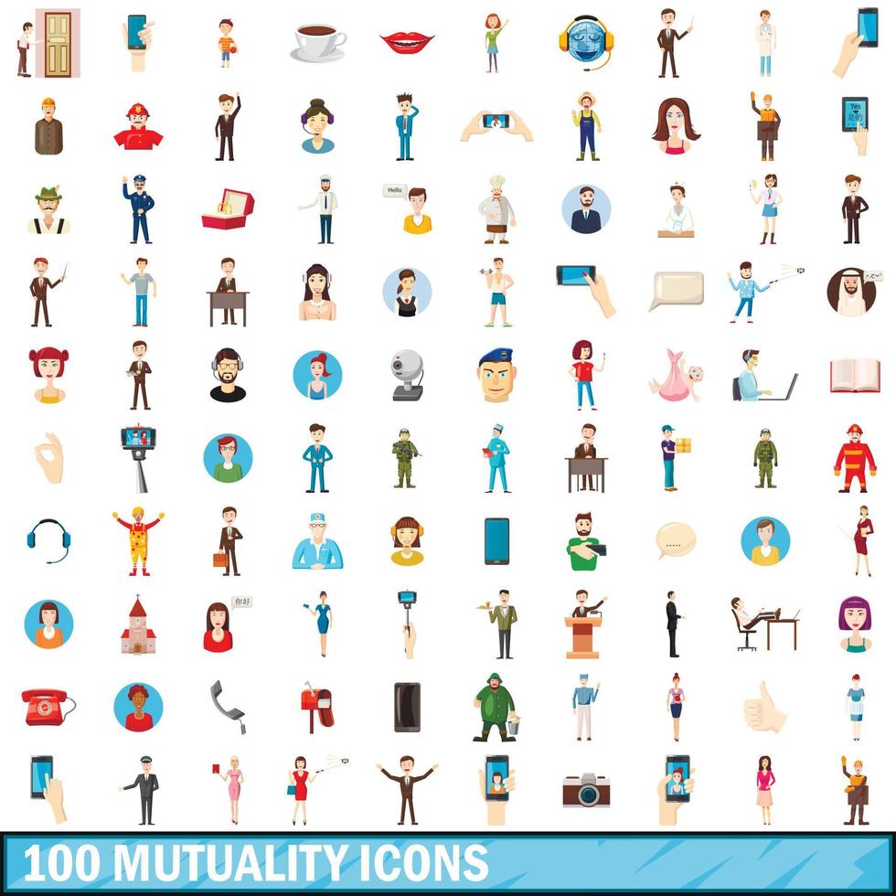 Ensemble de 100 icônes de mutualité, style cartoon vecteur