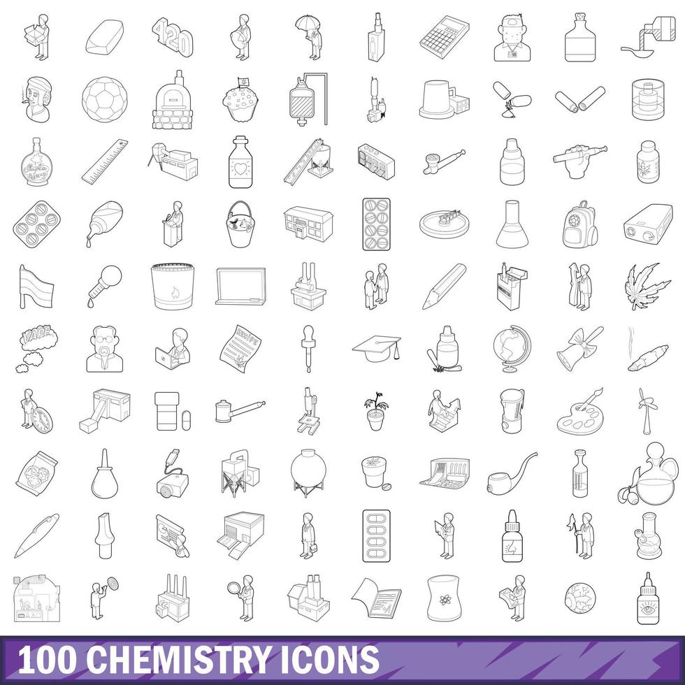 Ensemble de 100 icônes de chimie, style de contour vecteur