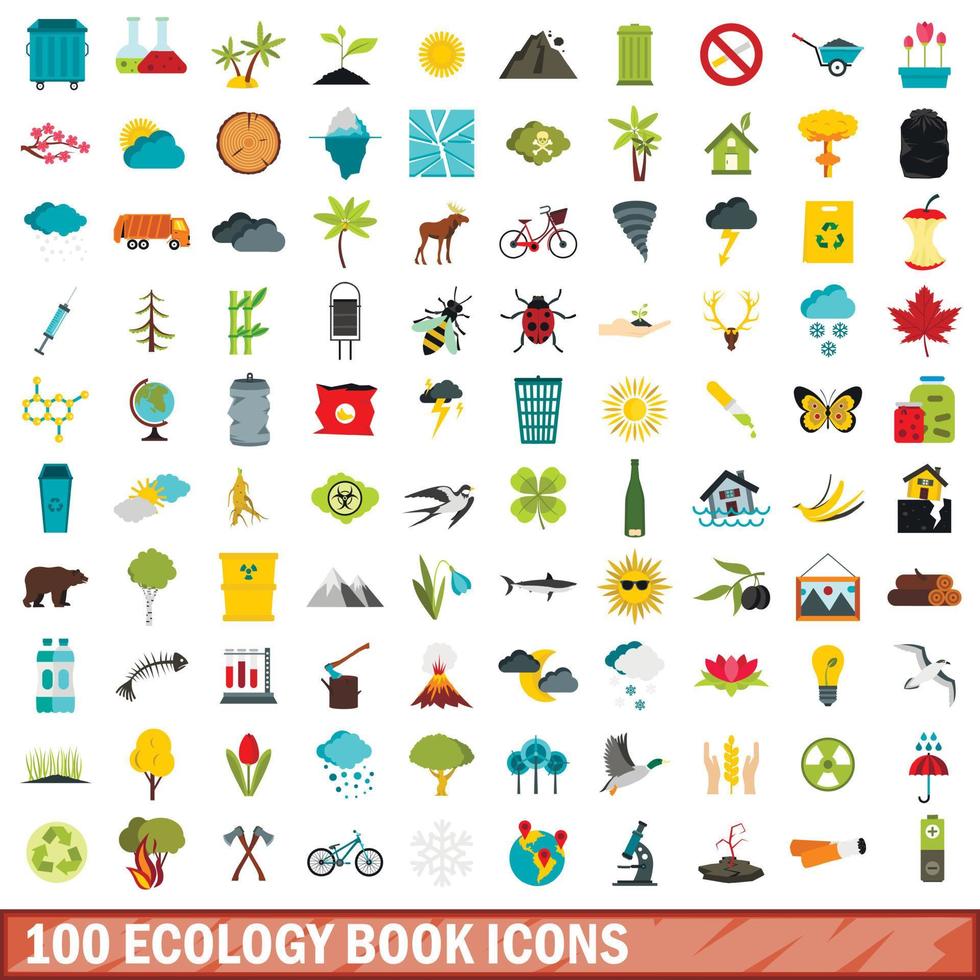 100 icônes de livre d'écologie, style plat vecteur