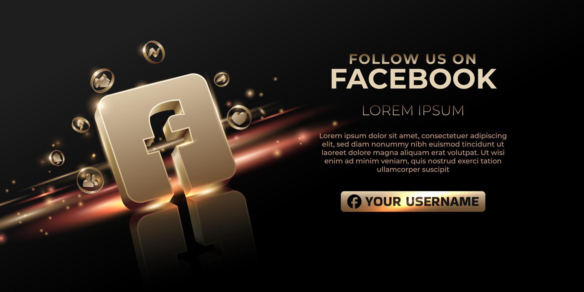 bannière facebook 3d icône dorée pour la promotion de la page d'entreprise et la publication sur les réseaux sociaux vecteur