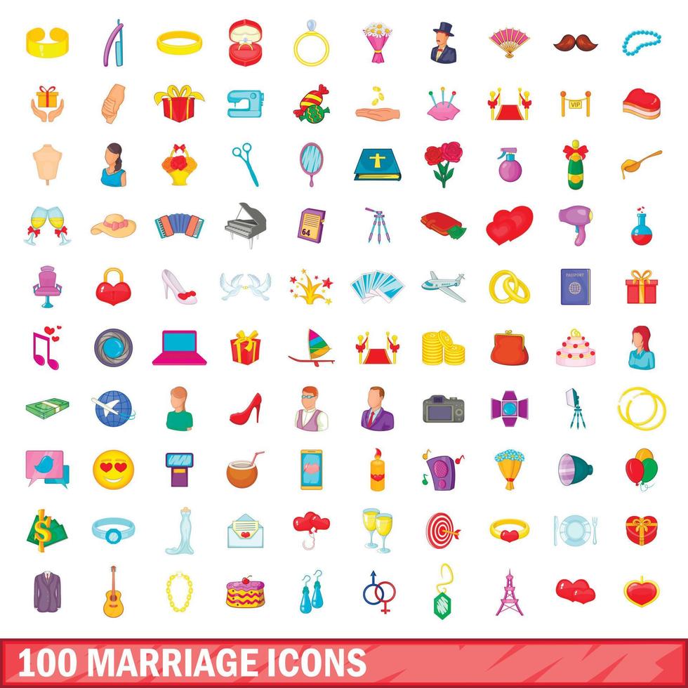Ensemble de 100 icônes de mariage, style cartoon vecteur