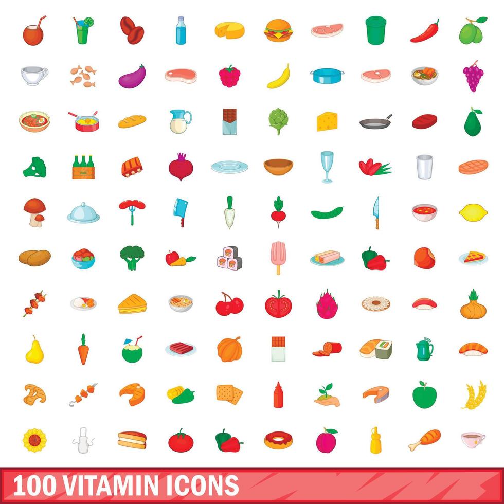 Ensemble de 100 icônes de vitamines, style dessin animé vecteur