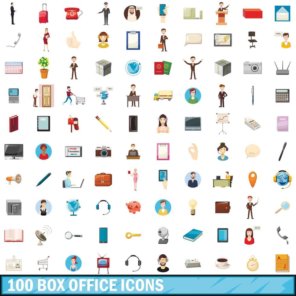 Jeu de 100 icônes de box-office, style cartoon vecteur