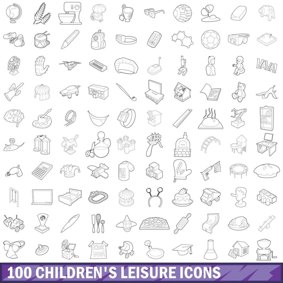 100 icônes de loisirs pour enfants, style de contour vecteur