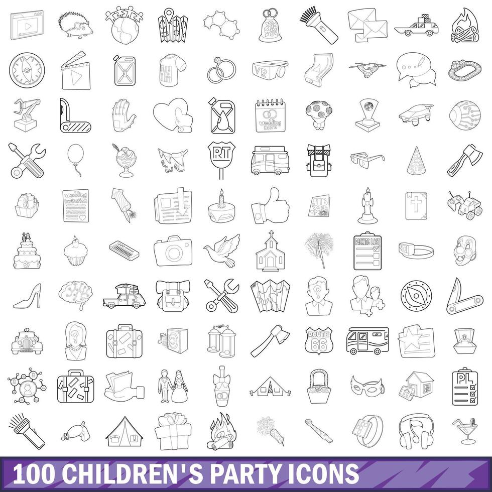 100 icônes de fête d'enfants, style de contour vecteur