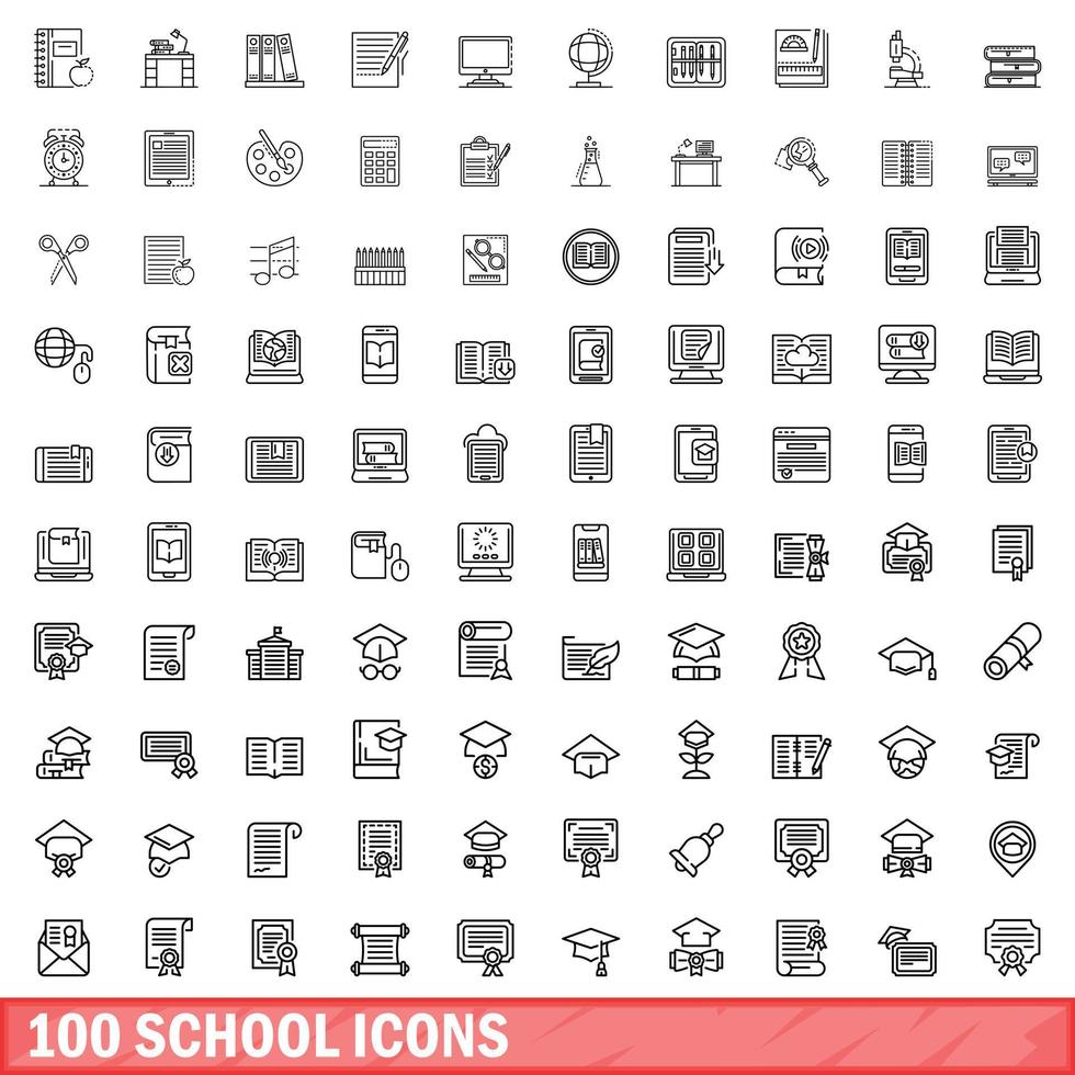 Ensemble de 100 icônes d'école, style de contour vecteur